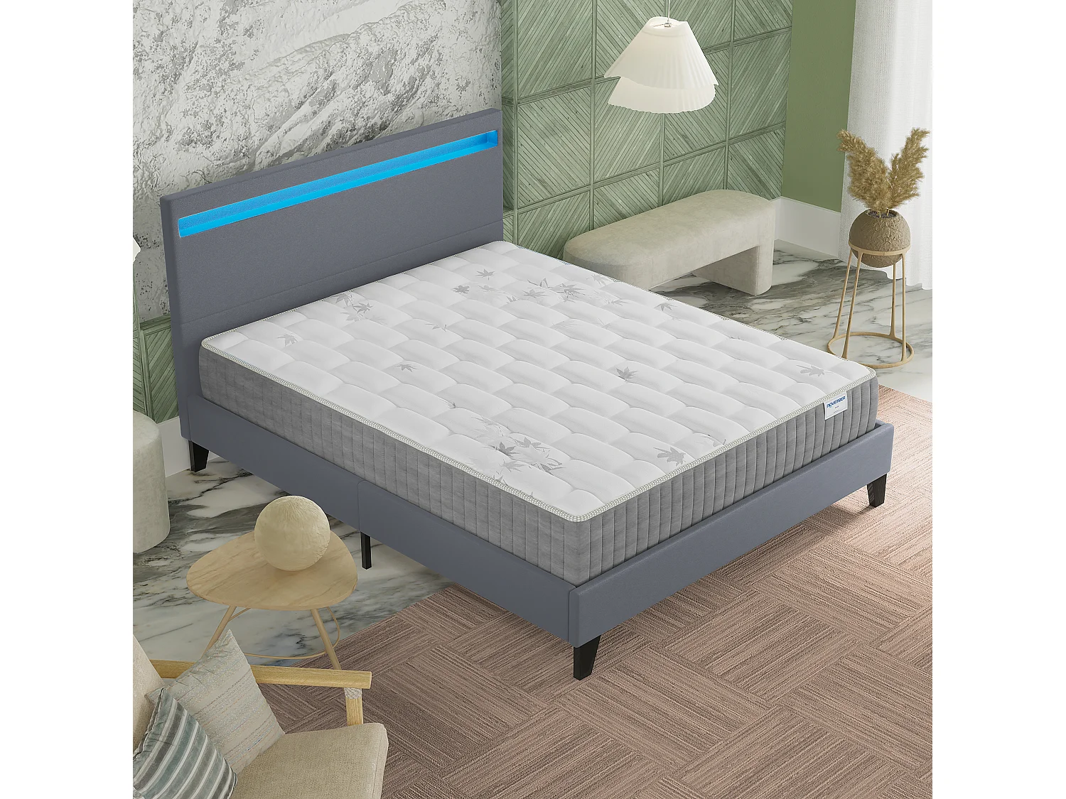 Ensemble Matelas + lit 160x200 cm, Matelas 25cm ressorts ensachés + mémoire de forme, lit à tête de lit LED similicuir gris