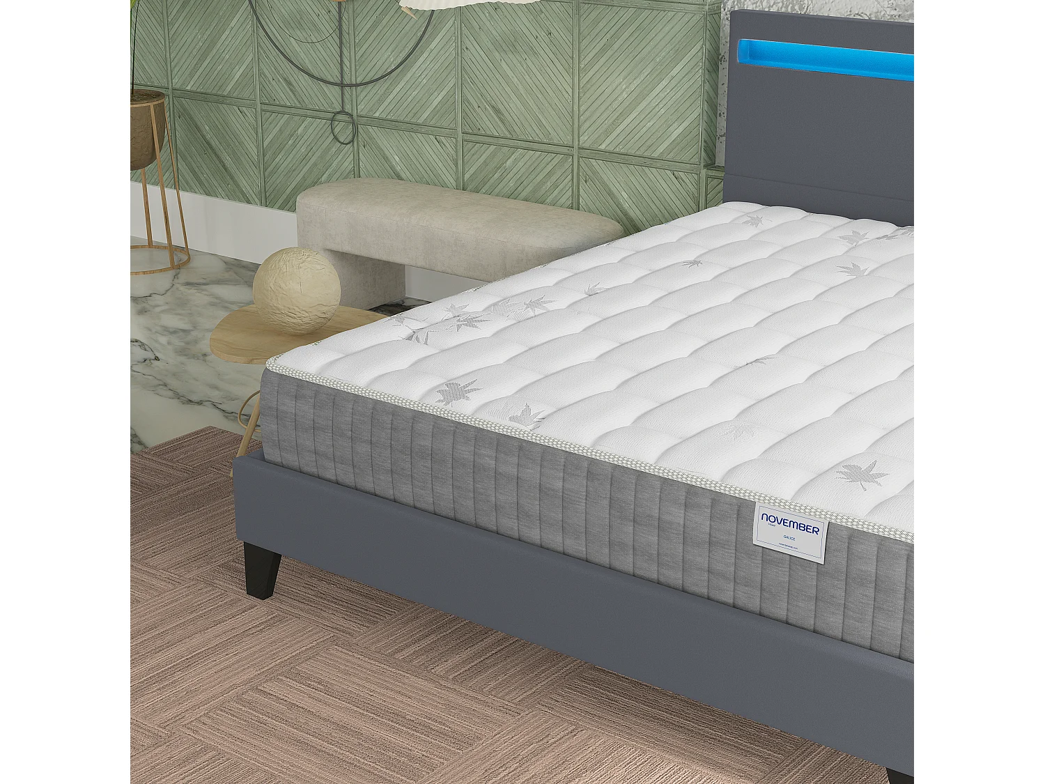 Ensemble Matelas + lit 160x200 cm, Matelas 25cm ressorts ensachés + mémoire de forme, lit à tête de lit LED similicuir gris