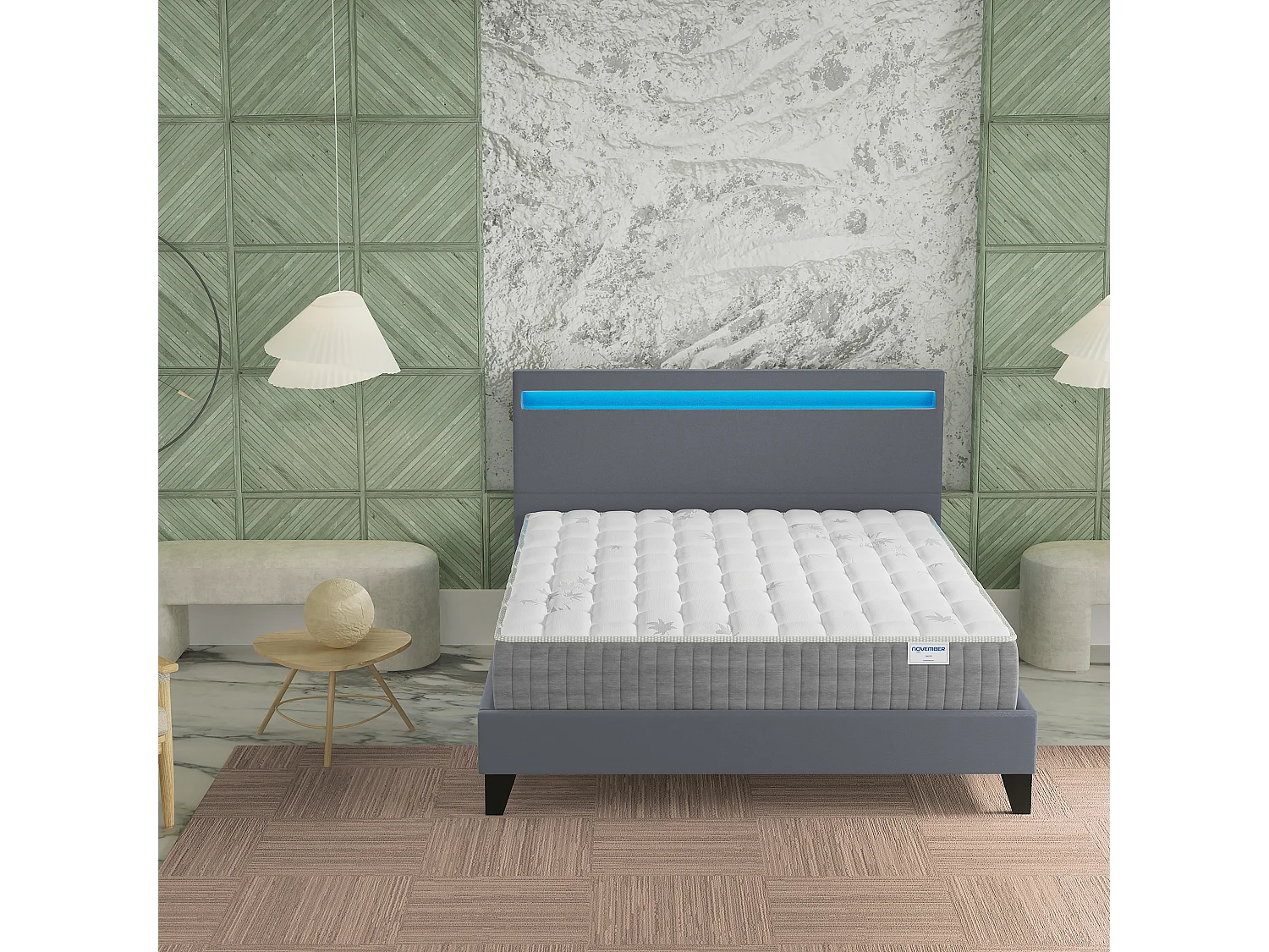 Ensemble Matelas + lit 160x200 cm, Matelas 25cm ressorts ensachés + mémoire de forme, lit à tête de lit LED similicuir gris