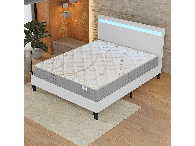 Ensemble Matelas + lit 160x200 cm, Matelas 25cm ressorts ensachés, accueil mousse, lit à tête de lit LED similicuir blanc