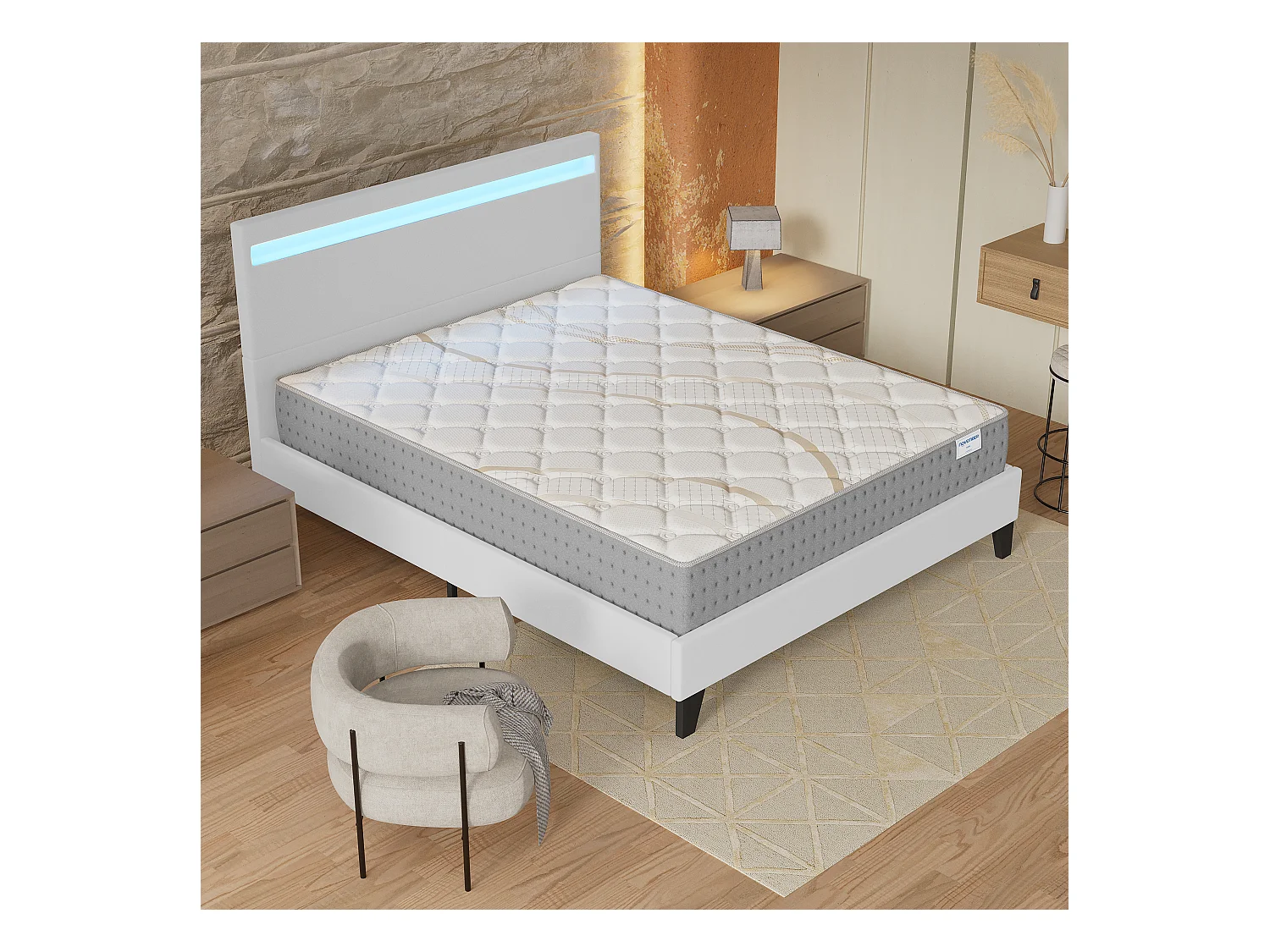 Ensemble Matelas + lit 160x200 cm, Matelas 25cm ressorts ensachés, accueil mousse, lit à tête de lit LED similicuir blanc