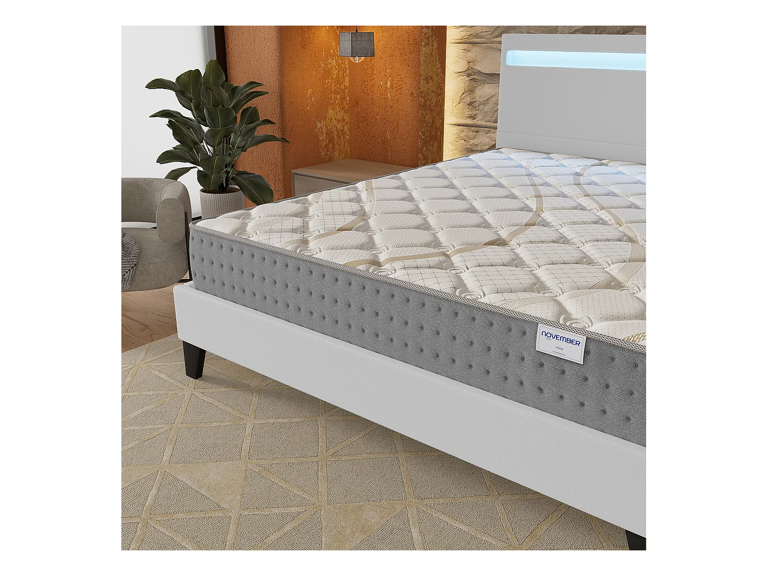 Ensemble Matelas + lit 160x200 cm, Matelas 25cm ressorts ensachés, accueil mousse, lit à tête de lit LED similicuir blanc