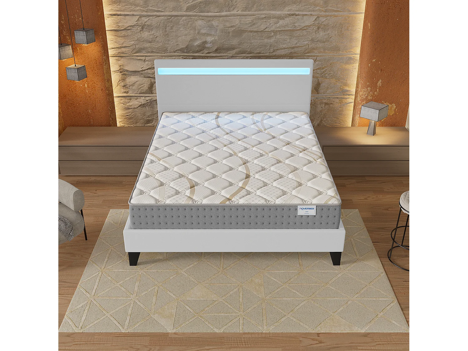 Ensemble Matelas + lit 160x200 cm, Matelas 25cm ressorts ensachés, accueil mousse, lit à tête de lit LED similicuir blanc