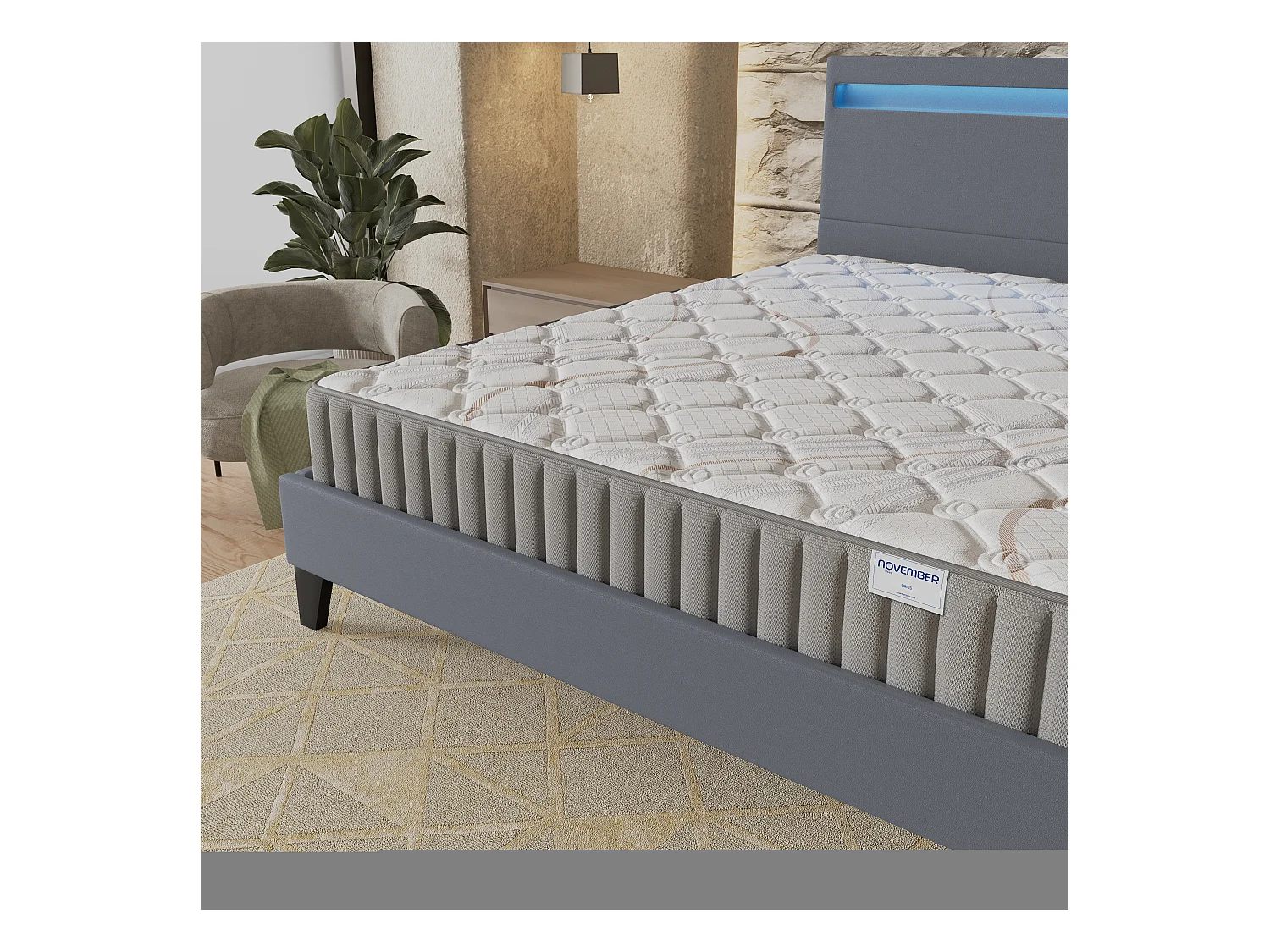 Ensemble Matelas + lit 120x190 cm, Matelas 16cm mousse, accueil latex, lit à tête de lit LED similicuir gris