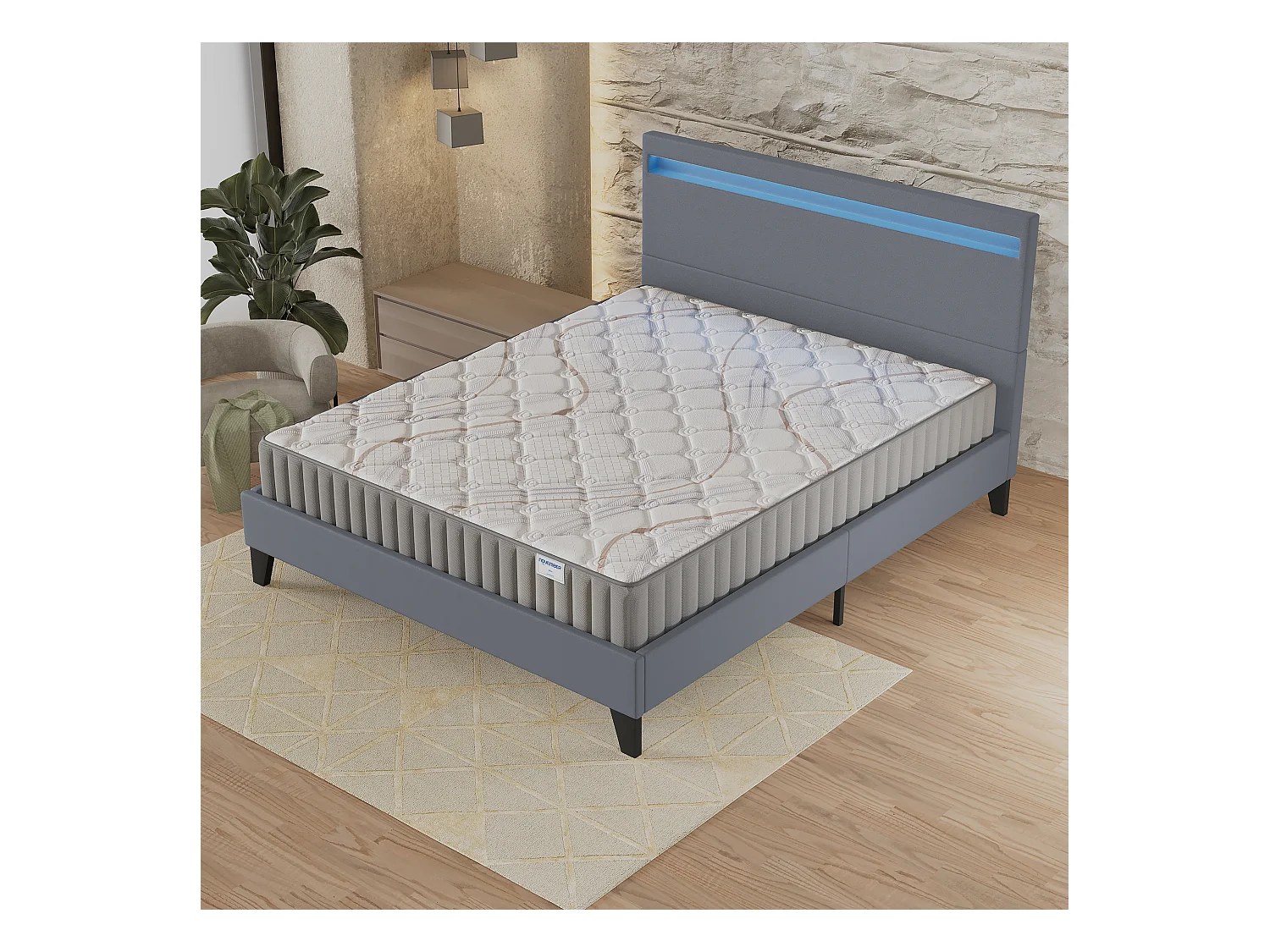 Ensemble Matelas + lit 120x190 cm, Matelas 16cm mousse, accueil latex, lit à tête de lit LED similicuir gris