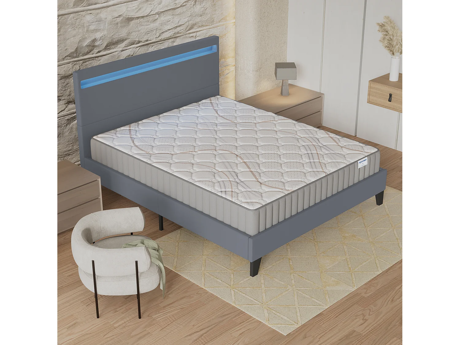 Ensemble Matelas + lit 120x190 cm, Matelas 16cm mousse, accueil latex, lit à tête de lit LED similicuir gris