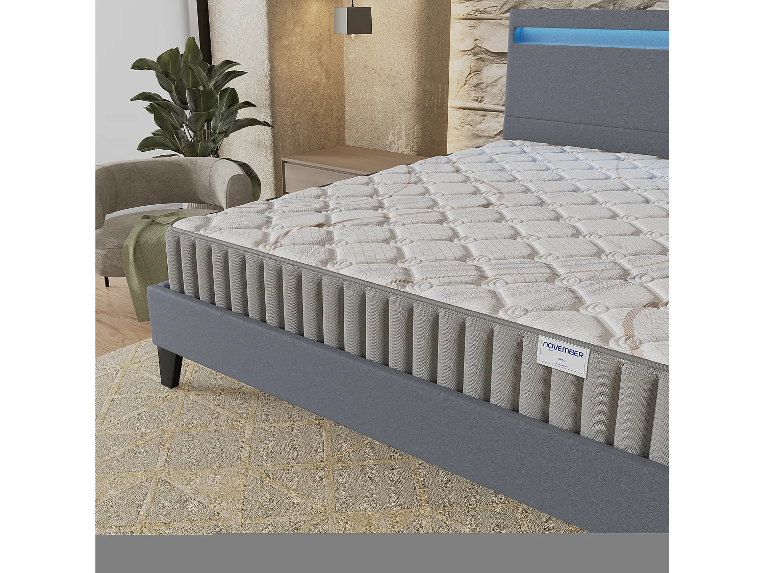 Ensemble Matelas + lit 120x190 cm, Matelas 16cm mousse, accueil latex, lit à tête de lit LED similicuir gris