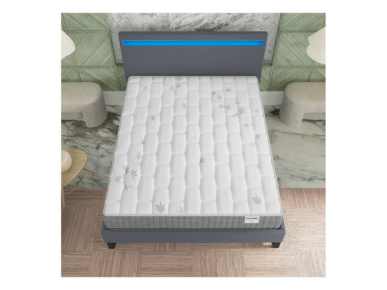 Ensemble Matelas + lit 140x190 cm, Matelas 25cm ressorts ensachés + mémoire de forme, lit à tête de lit LED similicuir gris