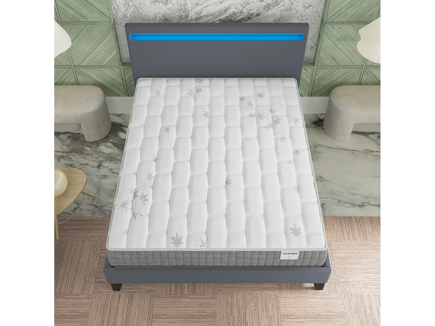 Ensemble Matelas + lit 140x190 cm, Matelas 25cm ressorts ensachés + mémoire de forme, lit à tête de lit LED similicuir gris