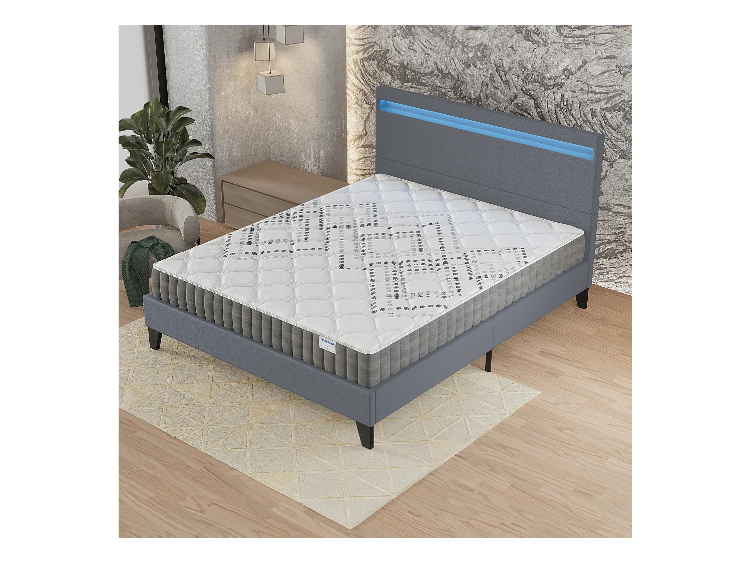 Ensemble Matelas + lit 140x190 cm, Matelas 20cm ressorts ensachés, accueil mousse, lit à tête de lit LED similicuir gris