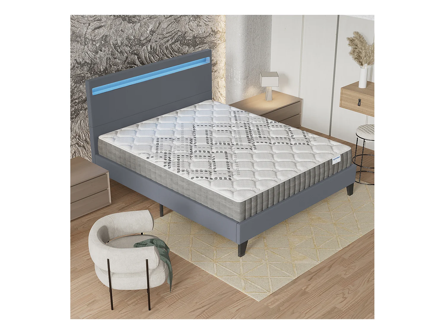 Ensemble Matelas + lit 140x190 cm, Matelas 20cm ressorts ensachés, accueil mousse, lit à tête de lit LED similicuir gris
