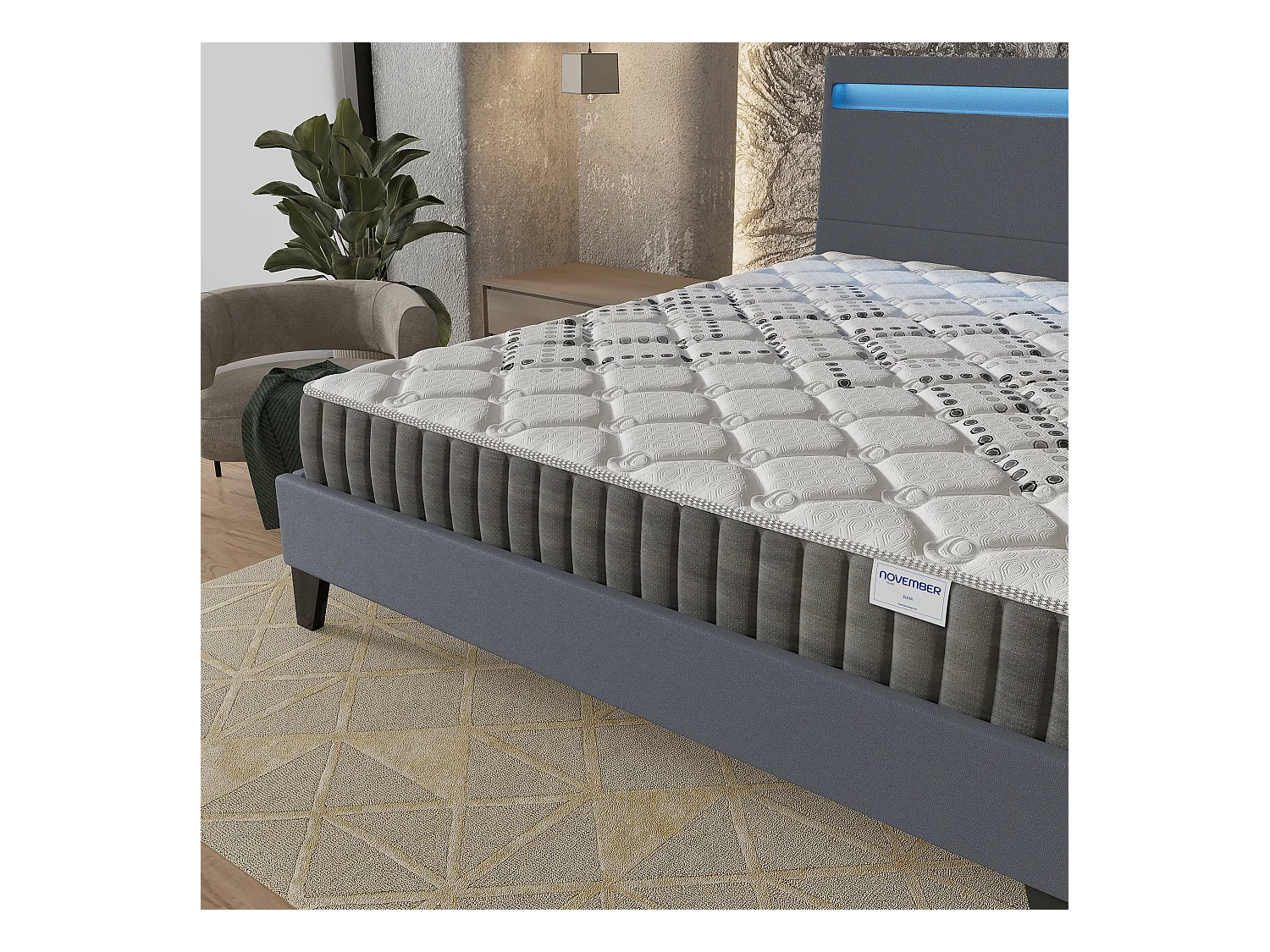 Ensemble Matelas + lit 140x190 cm, Matelas 20cm ressorts ensachés, accueil mousse, lit à tête de lit LED similicuir gris
