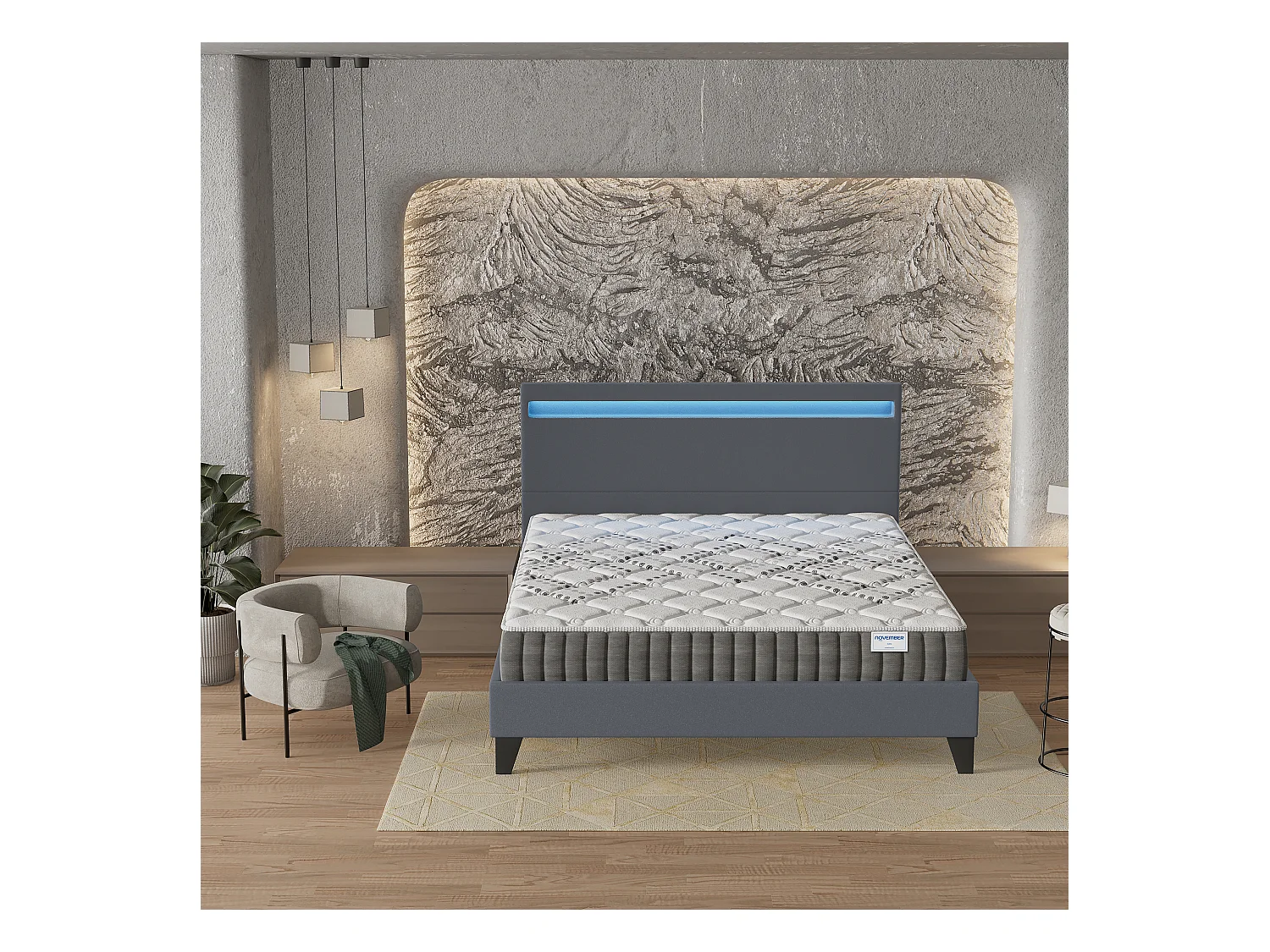 Ensemble Matelas + lit 140x190 cm, Matelas 20cm ressorts ensachés, accueil mousse, lit à tête de lit LED similicuir gris