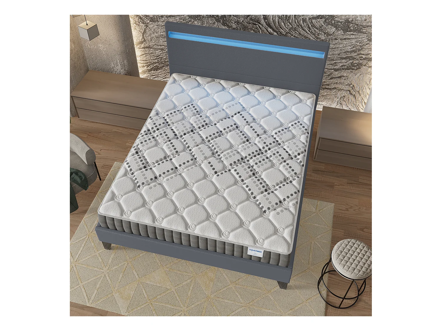 Ensemble Matelas + lit 140x190 cm, Matelas 20cm ressorts ensachés, accueil mousse, lit à tête de lit LED similicuir gris