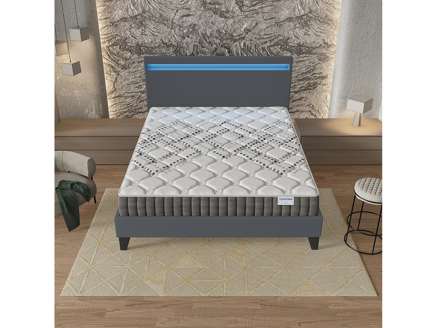 Ensemble Matelas + lit 140x190 cm, Matelas 20cm ressorts ensachés, accueil mousse, lit à tête de lit LED similicuir gris