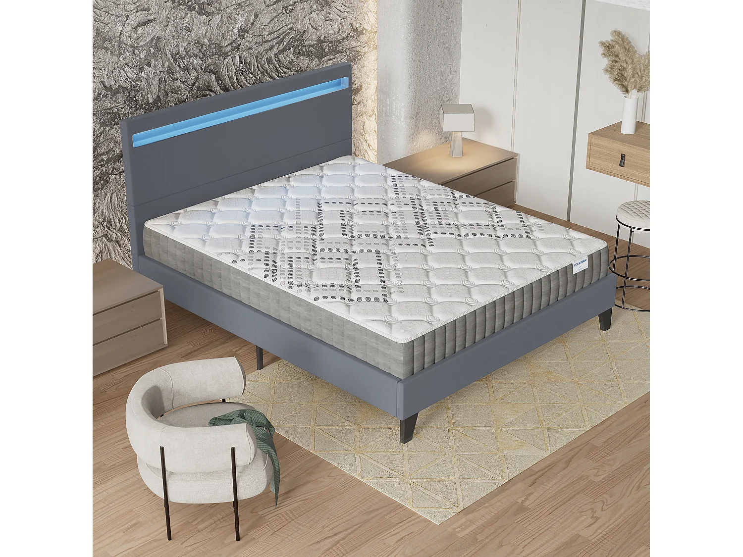 Ensemble Matelas + lit 140x190 cm, Matelas 20cm ressorts ensachés, accueil mousse, lit à tête de lit LED similicuir gris