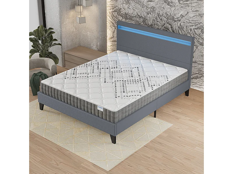Ensemble Matelas + lit 140x190 cm, Matelas 20cm ressorts ensachés, accueil mousse, lit à tête de lit LED similicuir gris