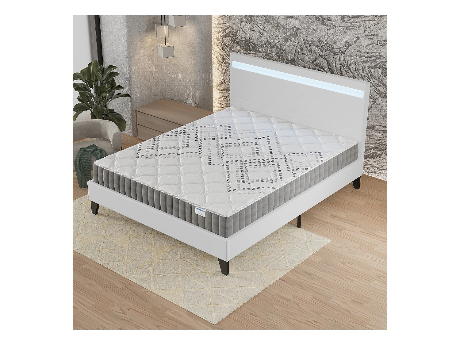 Ensemble Matelas + lit 120x190 cm, Matelas 20cm ressorts ensachés, accueil mousse, lit à tête de lit LED similicuir blanc