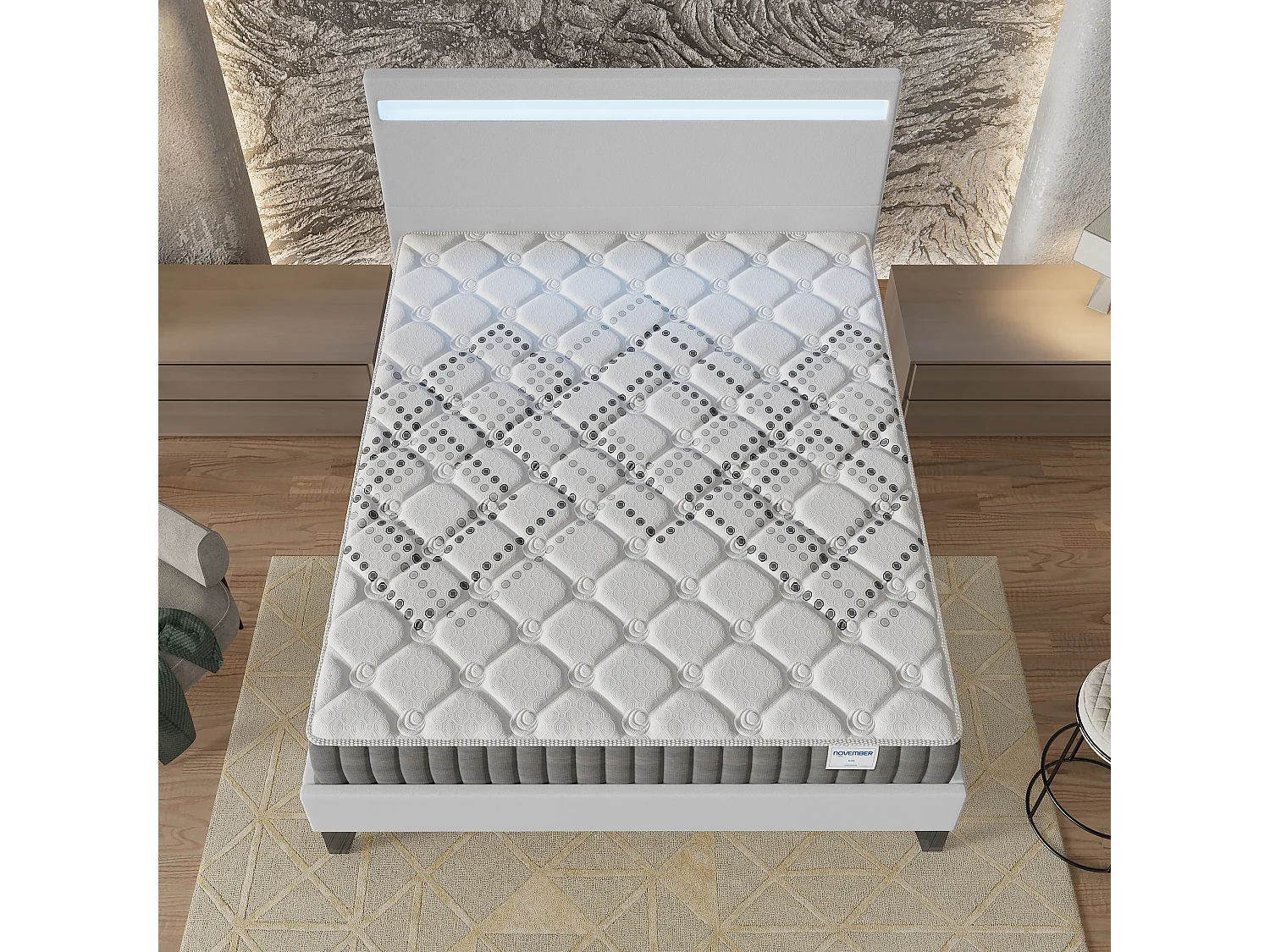 Ensemble Matelas + lit 120x190 cm, Matelas 20cm ressorts ensachés, accueil mousse, lit à tête de lit LED similicuir blanc