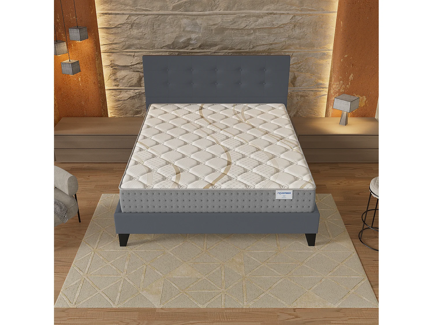 Ensemble 140x200 cm, lit avec tête de lit + matelas ressorts ensachés, ép.25cm accueil mousse HR