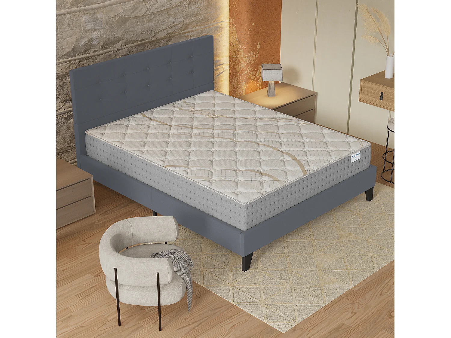 Ensemble 140x200 cm, lit avec tête de lit + matelas ressorts ensachés, ép.25cm accueil mousse HR