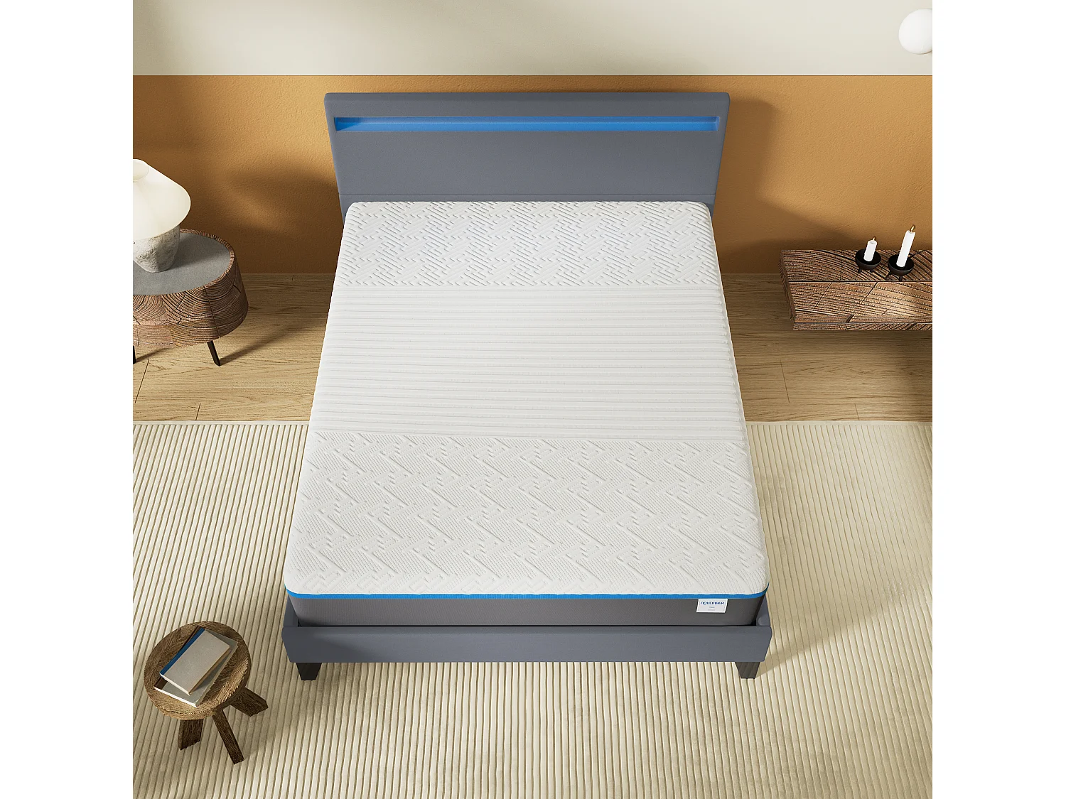 Ensemble Matelas Mousse + Lit Avec Tête De Lit 140x200cm Epaisseur 28cm Souple Accueil Latex Naturel