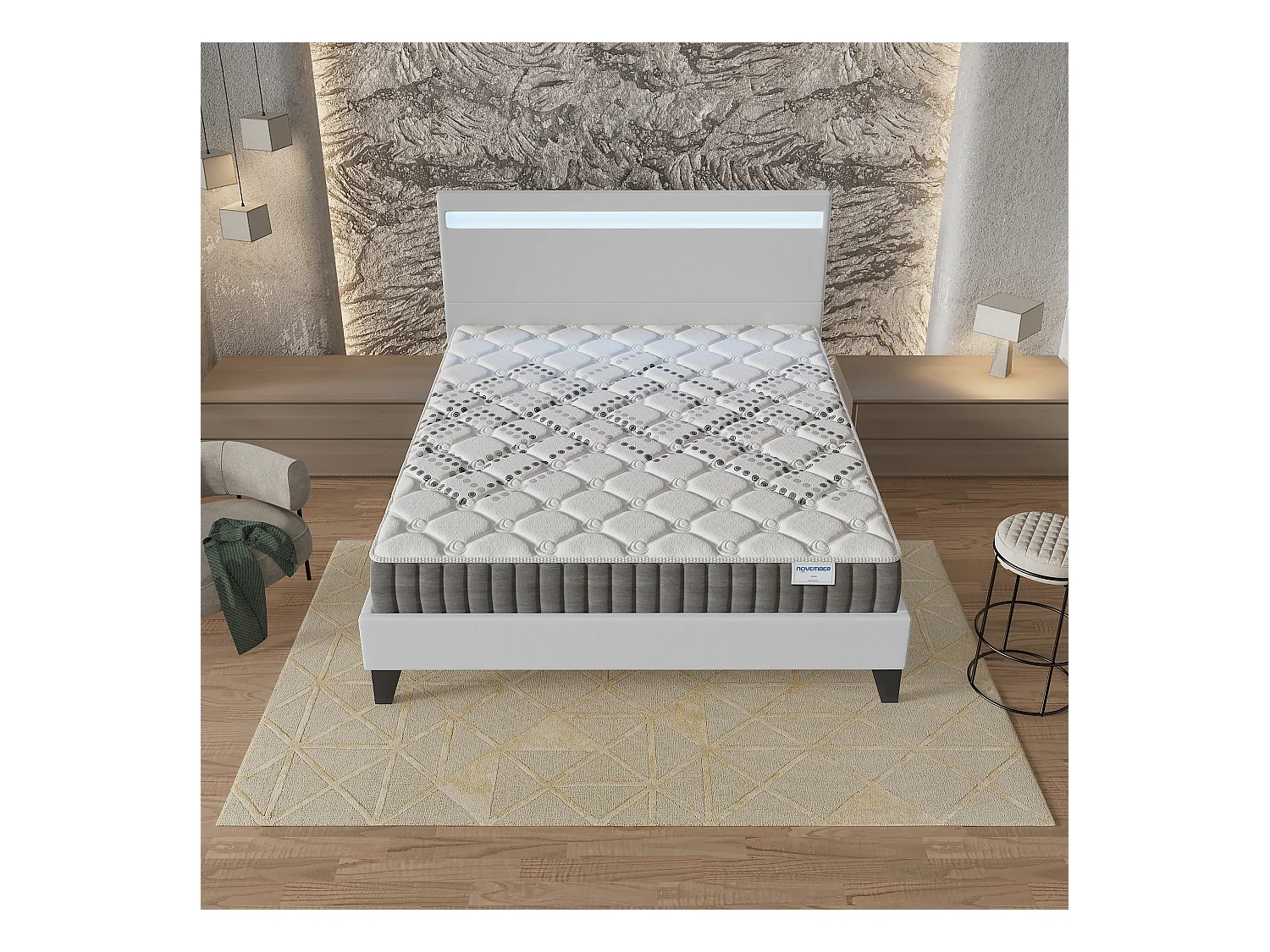 Ensemble Matelas + lit 140x200 cm, Matelas 20cm ressorts ensachés, accueil mousse, lit à tête de lit LED similicuir blanc