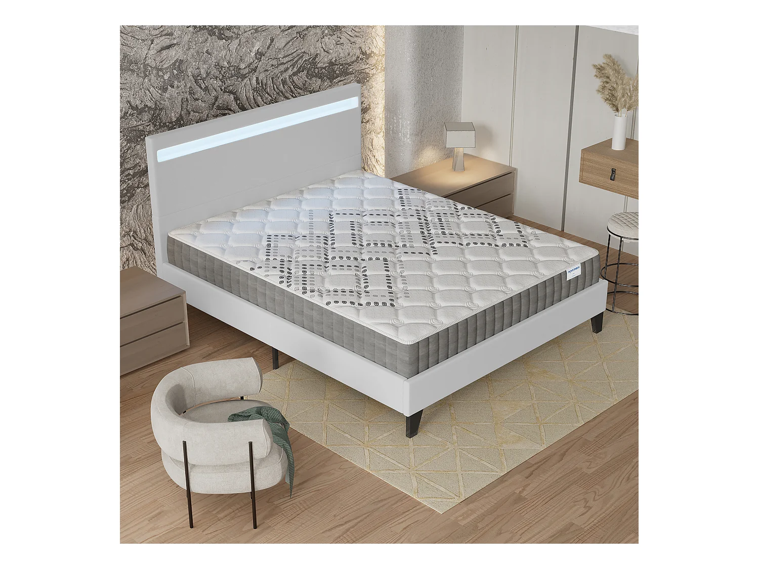 Ensemble Matelas + lit 140x200 cm, Matelas 20cm ressorts ensachés, accueil mousse, lit à tête de lit LED similicuir blanc