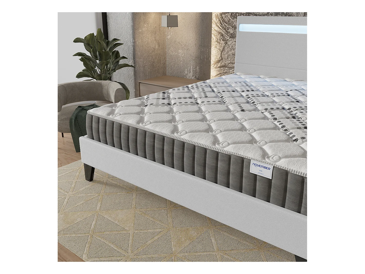 Ensemble Matelas + lit 140x200 cm, Matelas 20cm ressorts ensachés, accueil mousse, lit à tête de lit LED similicuir blanc