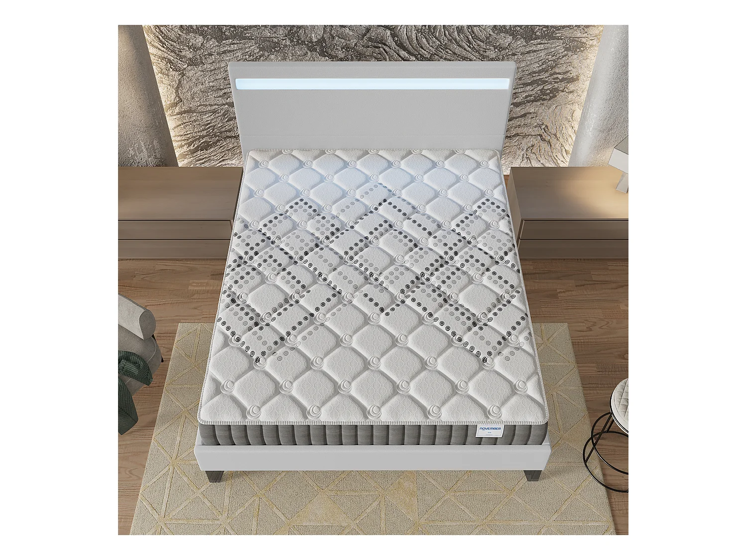Ensemble Matelas + lit 140x200 cm, Matelas 20cm ressorts ensachés, accueil mousse, lit à tête de lit LED similicuir blanc