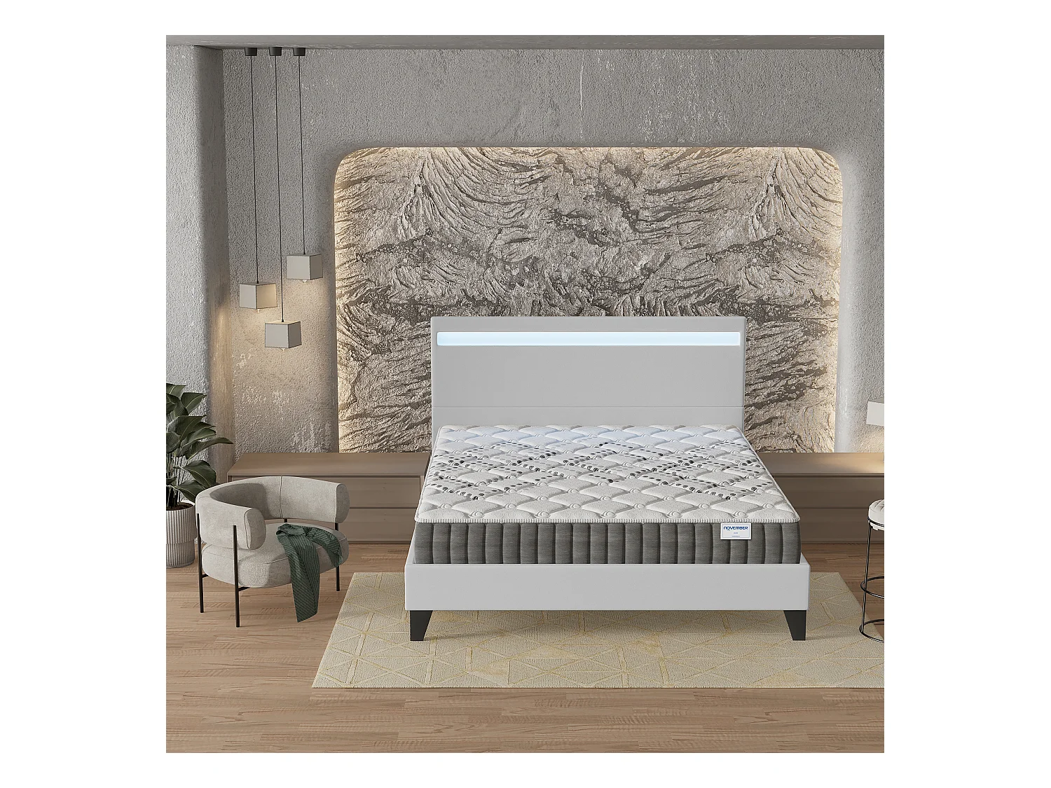 Ensemble Matelas + lit 140x200 cm, Matelas 20cm ressorts ensachés, accueil mousse, lit à tête de lit LED similicuir blanc