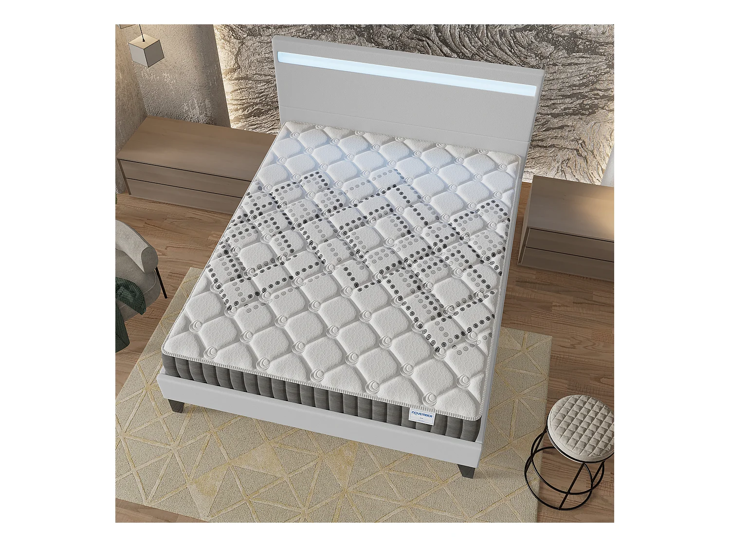 Ensemble Matelas + lit 140x200 cm, Matelas 20cm ressorts ensachés, accueil mousse, lit à tête de lit LED similicuir blanc