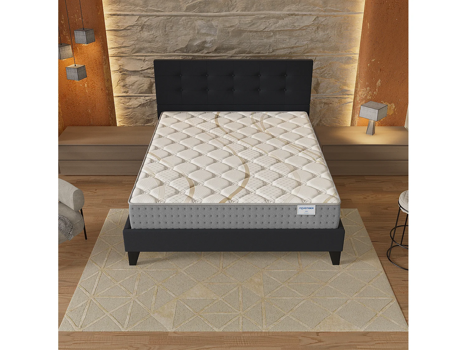 Ensemble 140x190 cm, lit avec tête de lit + matelas ressorts ensachés, ép.25cm accueil mousse HR