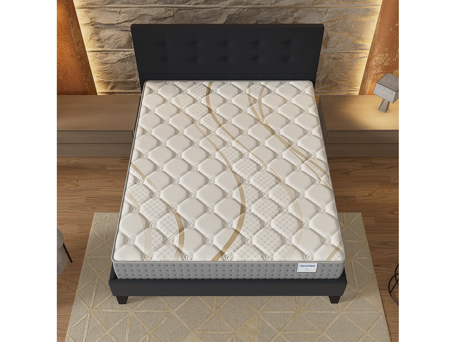 Ensemble 140x190 cm, lit avec tête de lit + matelas ressorts ensachés, ép.25cm accueil mousse HR