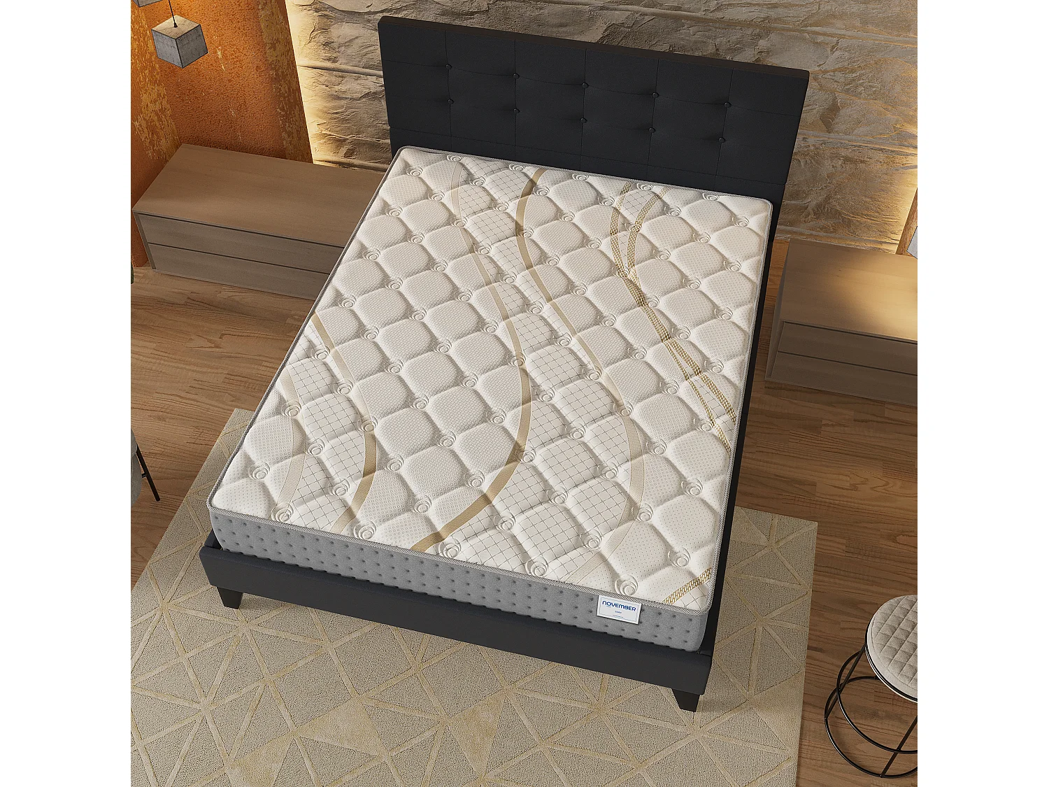 Ensemble 140x190 cm, lit avec tête de lit + matelas ressorts ensachés, ép.25cm accueil mousse HR