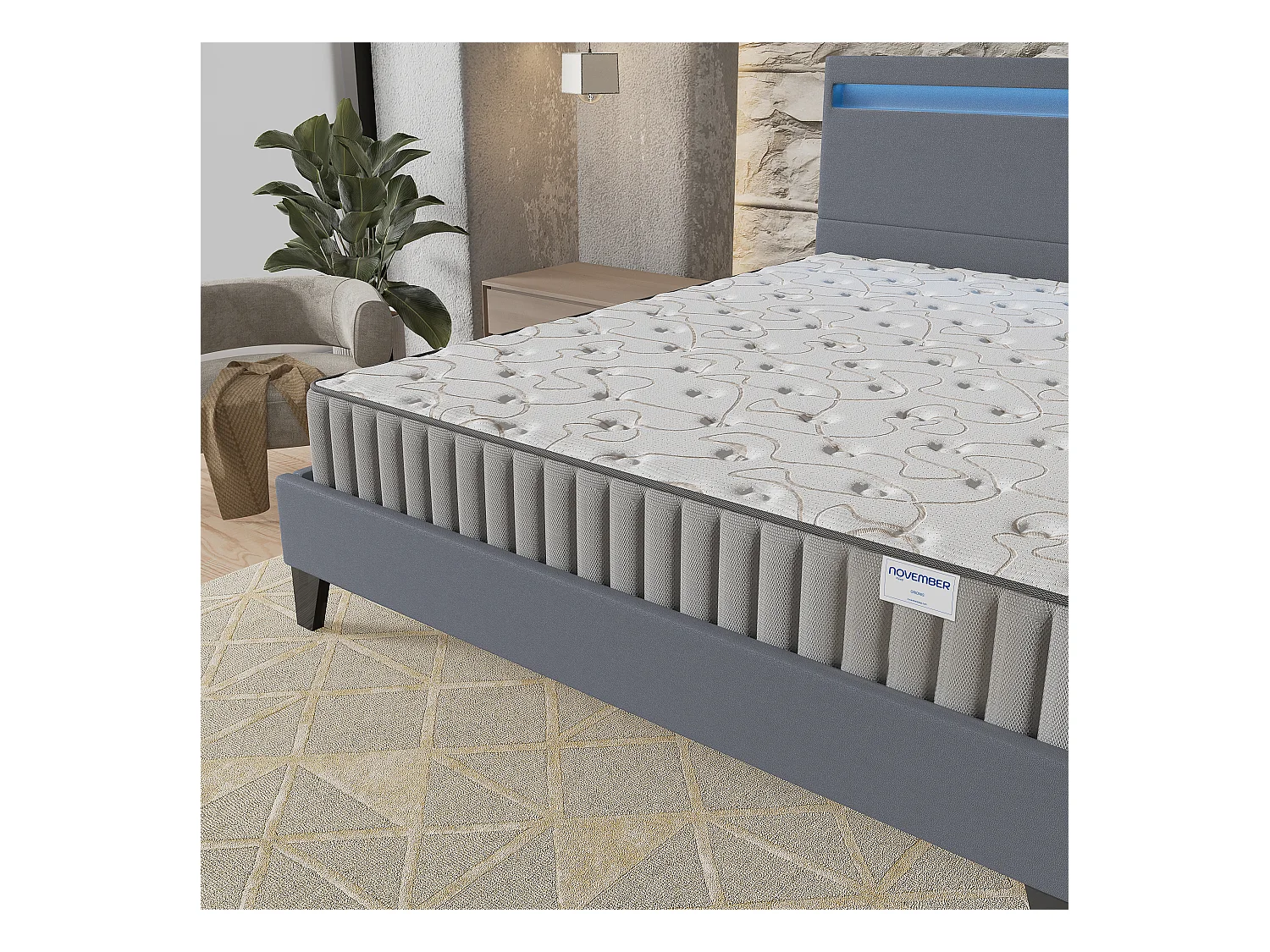 Ensemble Matelas + lit 140x200 cm, Matelas 22cm mousse, accueil mémoire de forme, lit à tête de lit LED similicuir gris