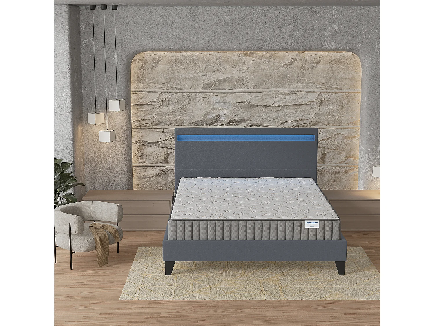 Ensemble Matelas + lit 140x200 cm, Matelas 22cm mousse, accueil mémoire de forme, lit à tête de lit LED similicuir gris