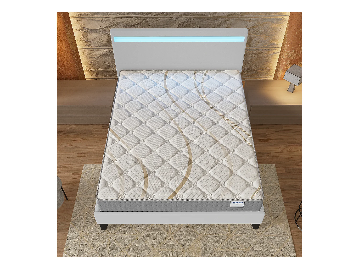 Ensemble Matelas + lit 140x200 cm, Matelas 25cm ressorts ensachés, accueil mousse, lit à tête de lit LED similicuir blanc