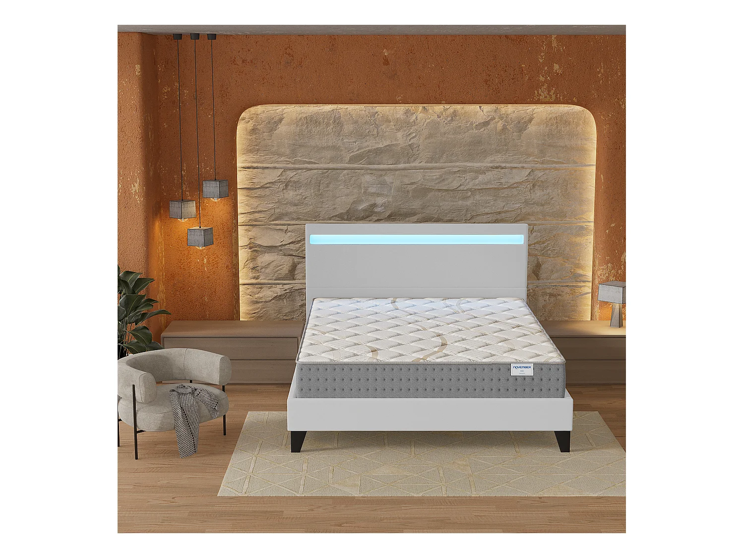 Ensemble Matelas + lit 140x200 cm, Matelas 25cm ressorts ensachés, accueil mousse, lit à tête de lit LED similicuir blanc