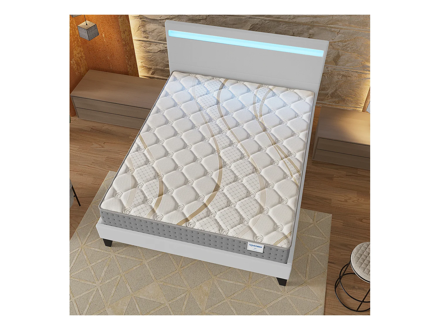 Ensemble Matelas + lit 140x200 cm, Matelas 25cm ressorts ensachés, accueil mousse, lit à tête de lit LED similicuir blanc