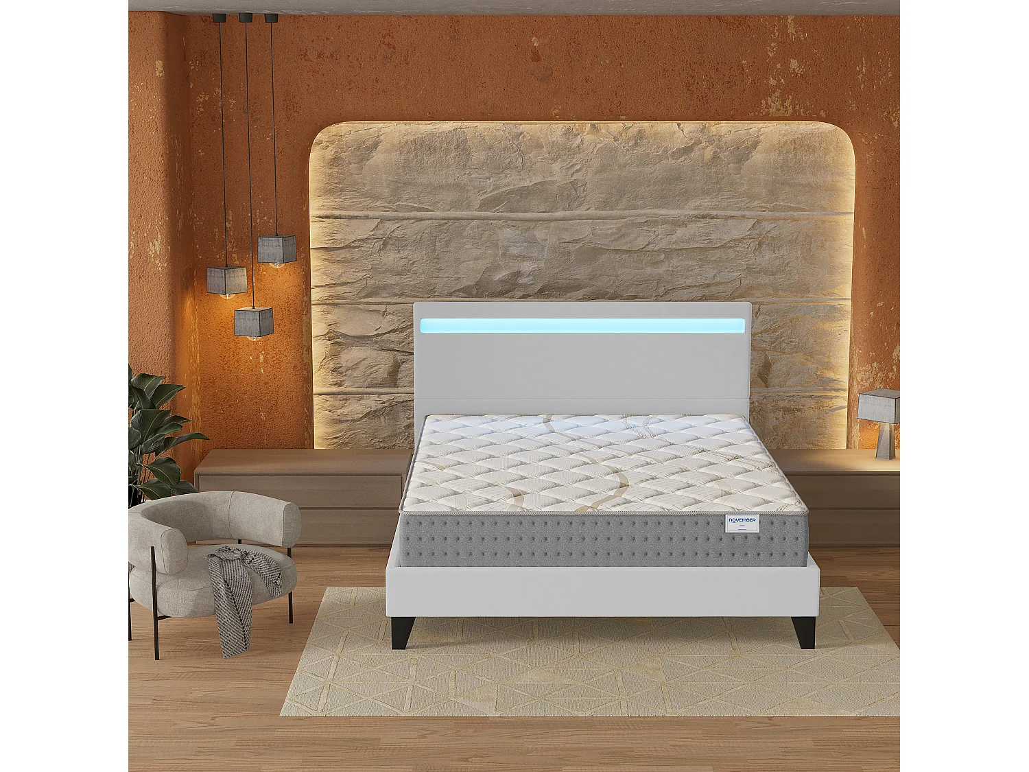Ensemble Matelas + lit 140x200 cm, Matelas 25cm ressorts ensachés, accueil mousse, lit à tête de lit LED similicuir blanc