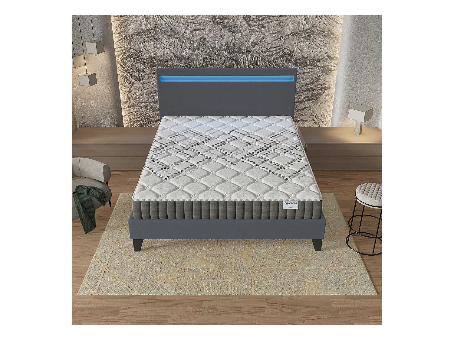 Ensemble Matelas + lit 160x200 cm, Matelas 20cm ressorts ensachés, accueil mousse, lit à tête de lit LED similicuir gris