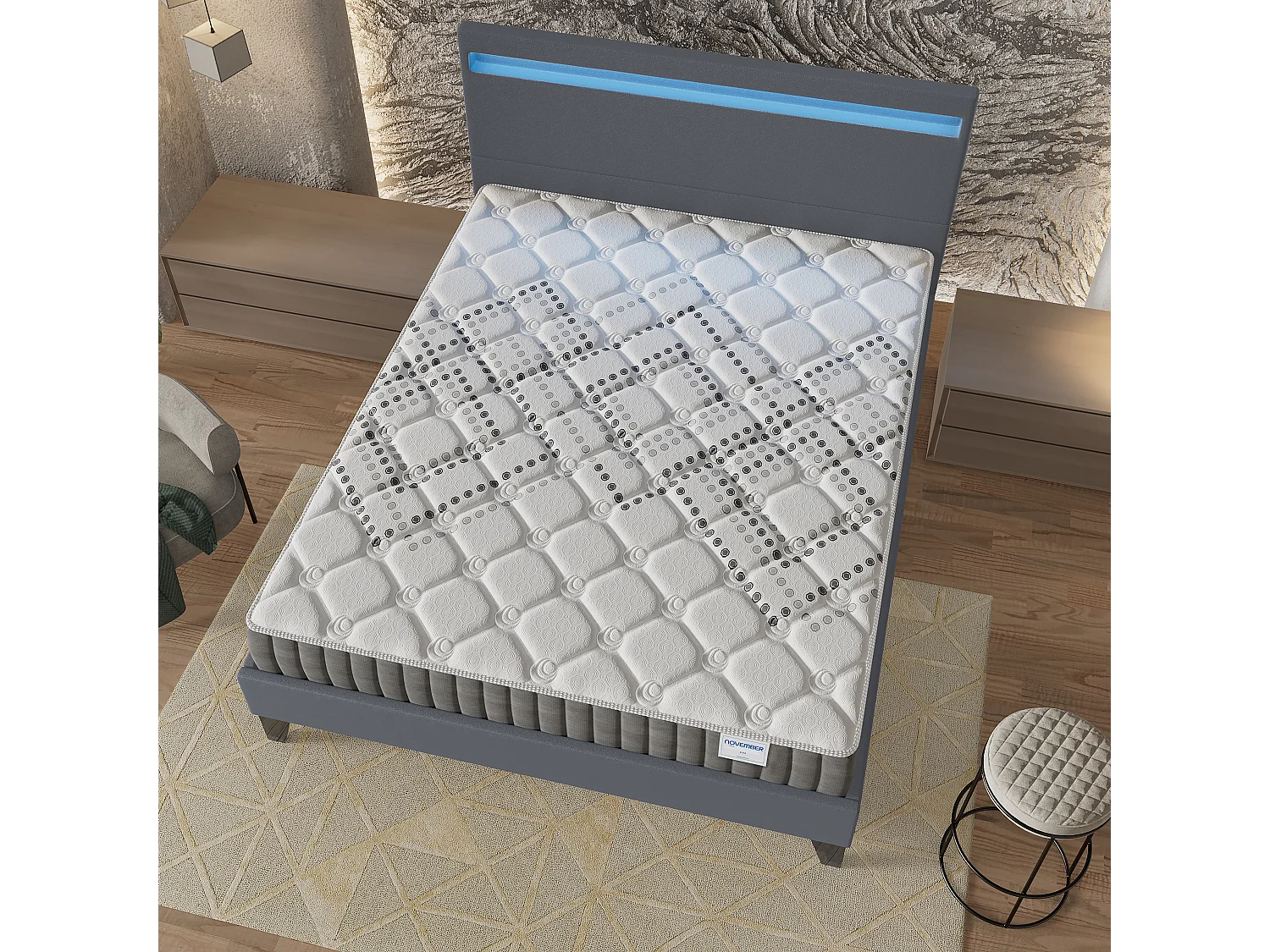 Ensemble Matelas + lit 160x200 cm, Matelas 20cm ressorts ensachés, accueil mousse, lit à tête de lit LED similicuir gris
