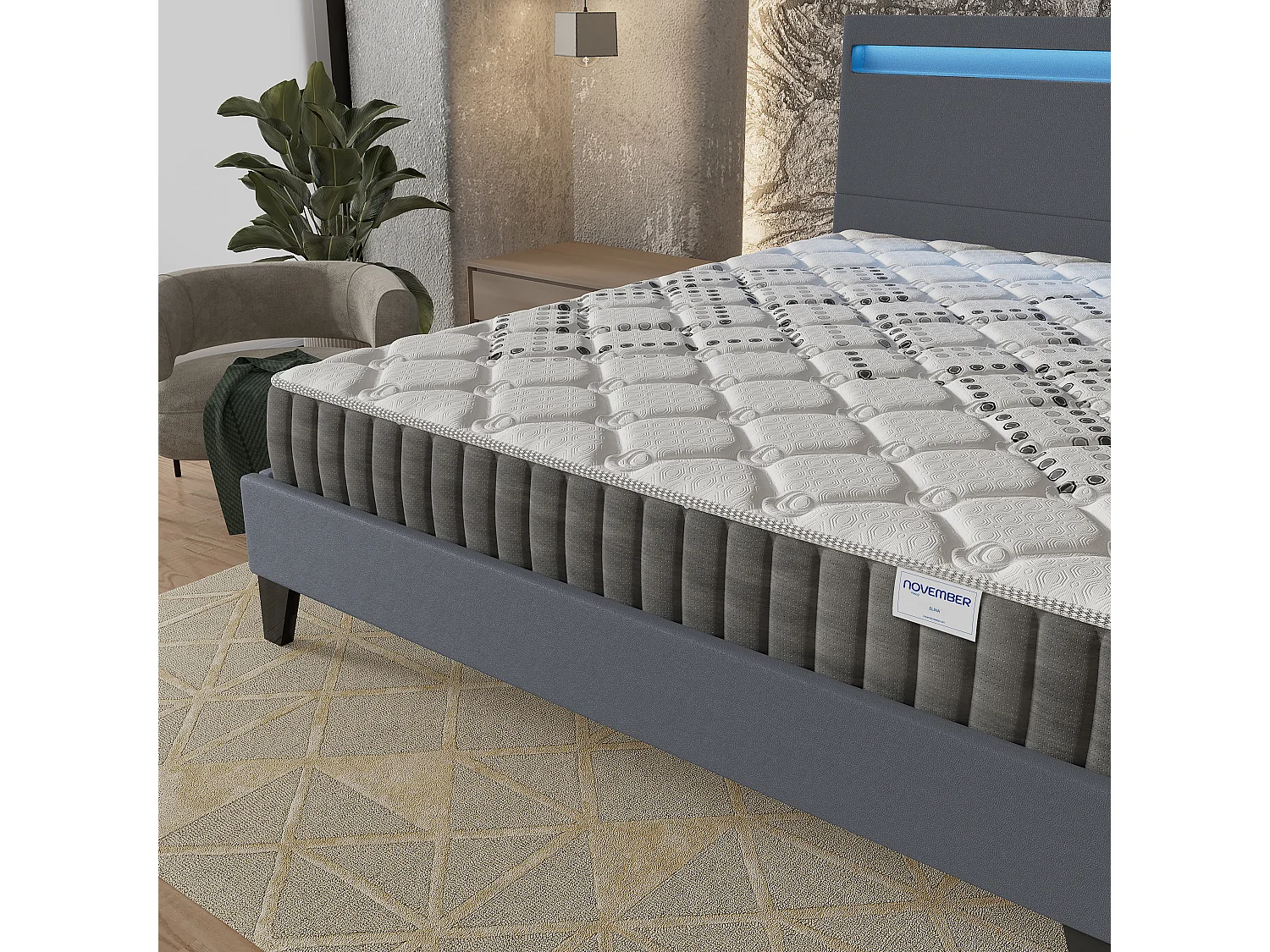 Ensemble Matelas + lit 160x200 cm, Matelas 20cm ressorts ensachés, accueil mousse, lit à tête de lit LED similicuir gris