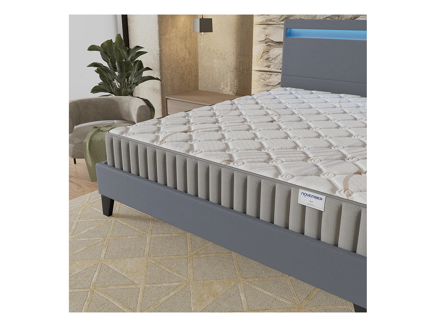 Ensemble Matelas + lit 140x200 cm, Matelas 22cm mousse, accueil latex, lit à tête de lit LED similicuir gris