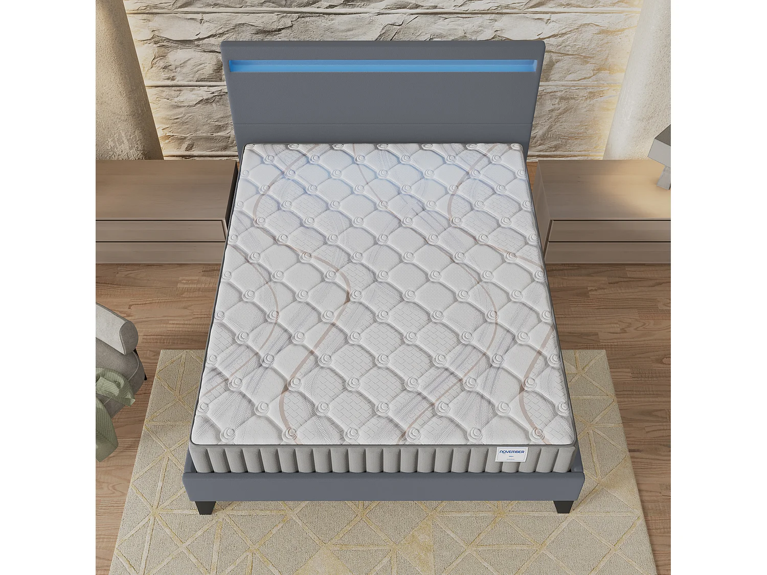 Ensemble Matelas + lit 140x200 cm, Matelas 22cm mousse, accueil latex, lit à tête de lit LED similicuir gris