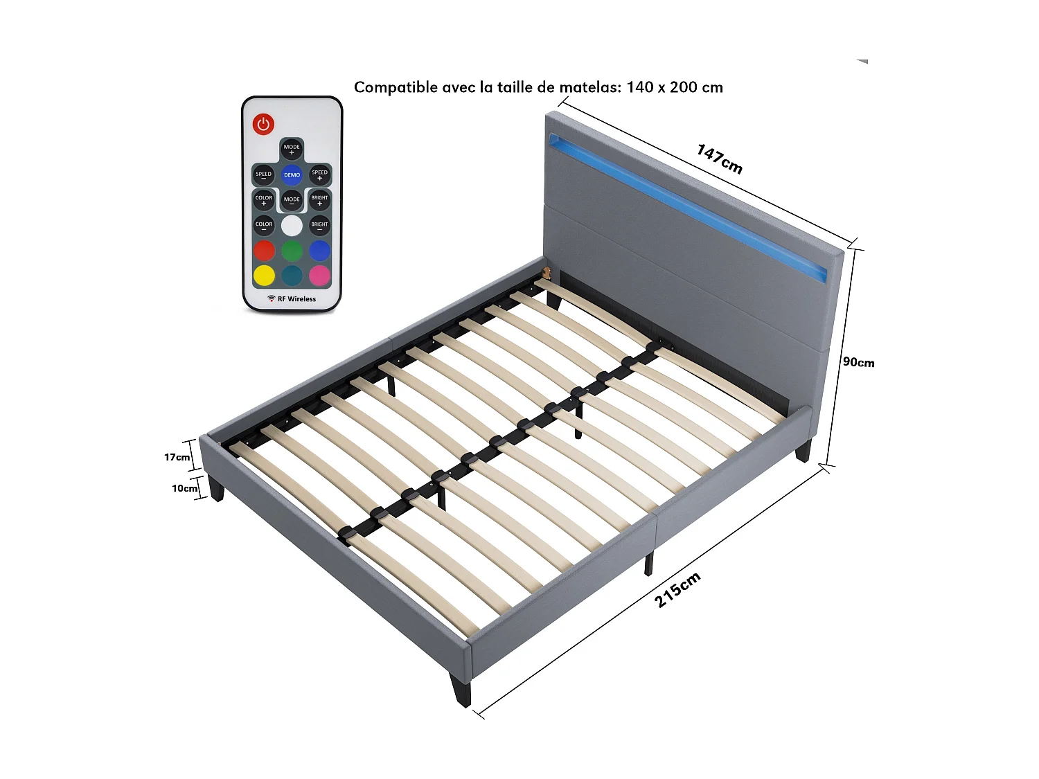 Ensemble Matelas + lit 140x200 cm, Matelas 22cm mousse, accueil latex, lit à tête de lit LED similicuir gris