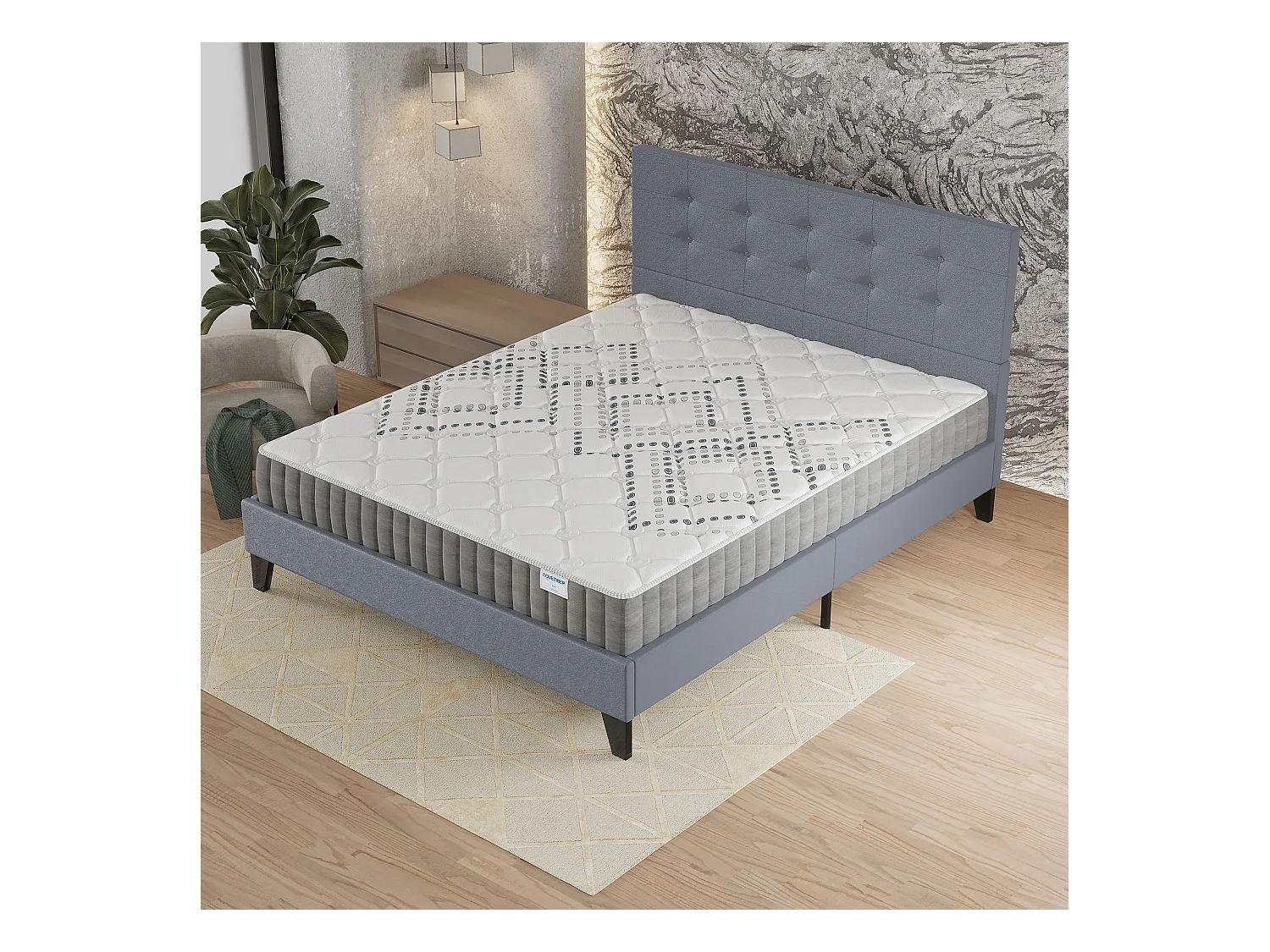 Ensemble 140x190 cm, lit avec tête de lit + matelas ressorts ensachés, ép.20cm accueil mousse HR