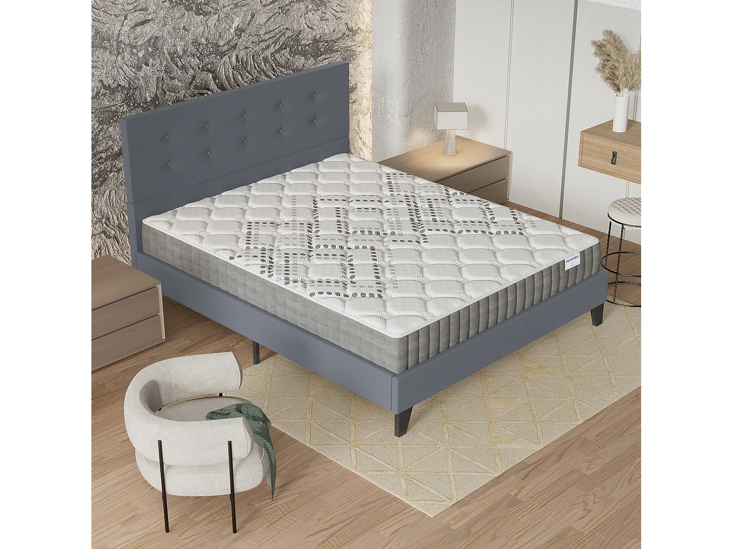 Ensemble 140x190 cm, lit avec tête de lit + matelas ressorts ensachés, ép.20cm accueil mousse HR