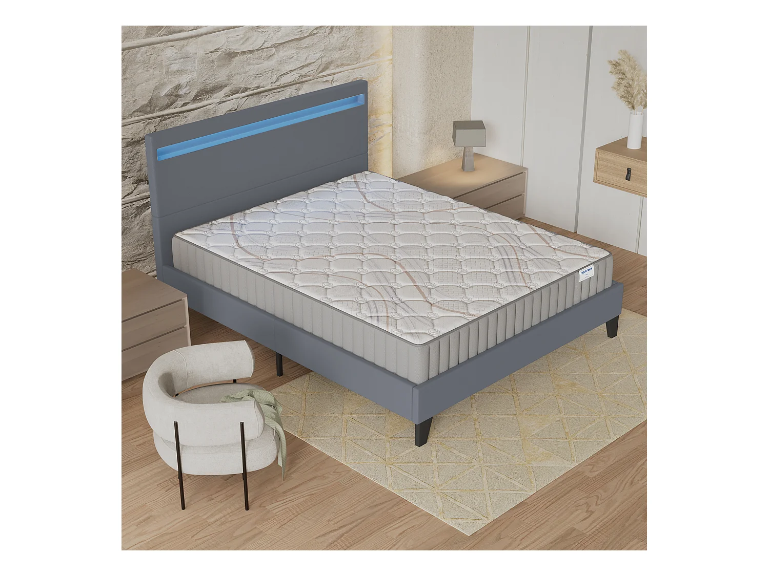 Ensemble Matelas + lit 140x190 cm, Matelas 16cm mousse, accueil latex, lit à tête de lit LED similicuir gris